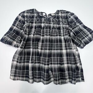 Pilcro Anthropologie Plaid Smocked Peasant Blouse Black White XL
